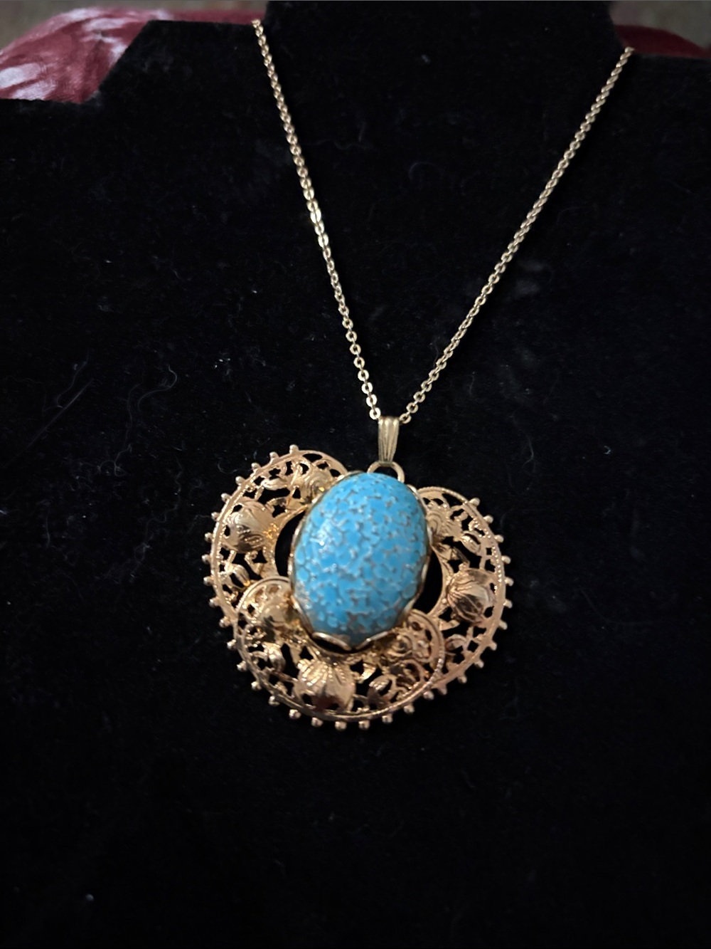 Gold Filigree Pendant Necklace with Turquoise Blue Oval Stone - Women Jewelry